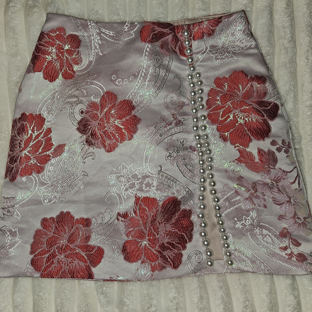 AKIRA Red and Silver Floral Mini Skirt